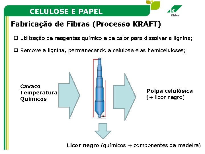 CELULOSE E PAPEL Fabricação de Fibras (Processo KRAFT) q Utilização de reagentes químico e