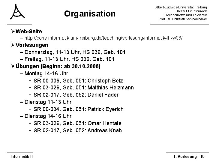 Organisation Albert-Ludwigs-Universität Freiburg Institut für Informatik Rechnernetze und Telematik Prof. Dr. Christian Schindelhauer ØWeb-Seite