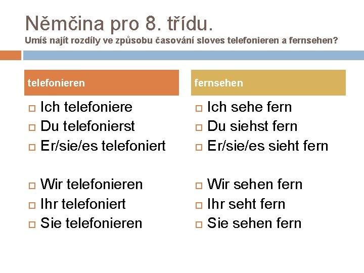 Němčina pro 8. třídu. Umíš najít rozdíly ve způsobu časování sloves telefonieren a fernsehen? Němčina pro 8. třídu. Umíš najít rozdíly ve způsobu časování sloves telefonieren a fernsehen?