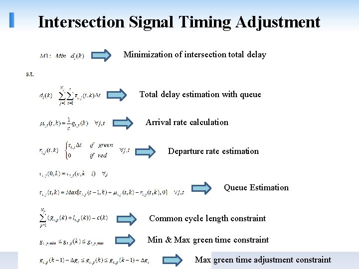 Intersection Signal Timing Adjustment Minimization of intersection total delay Step 1: Intersection Signal Timings