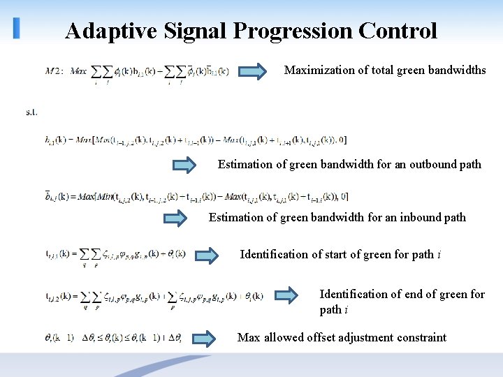 Adaptive Signal Progression Control Maximization of total green bandwidths Estimation of green bandwidth for