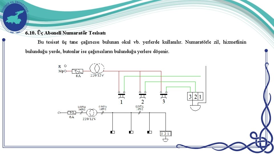 6. 10. Üç Aboneli Numaratör Tesisatı Bu tesisat üç tane çağırıcısı bulunan okul vb.