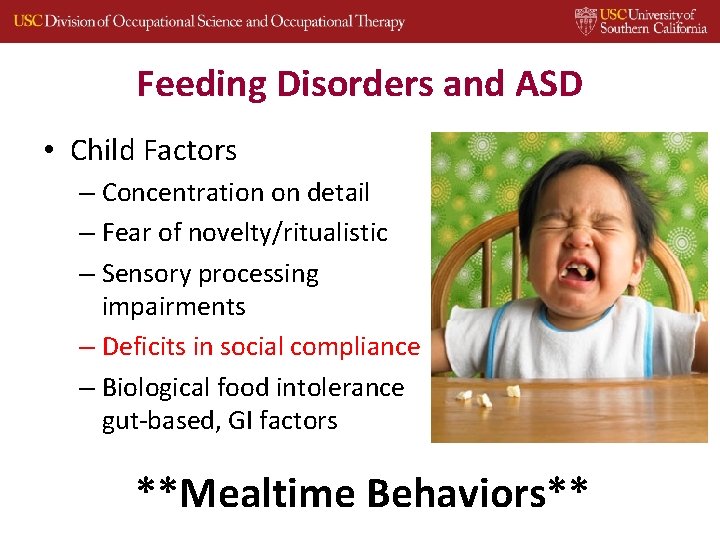 Feeding Disorders and ASD • Child Factors – Concentration on detail – Fear of