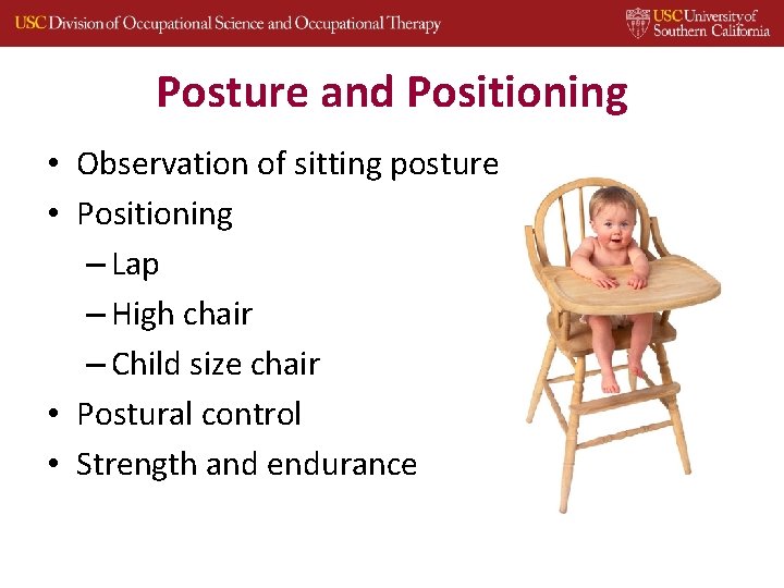Posture and Positioning • Observation of sitting posture • Positioning – Lap – High