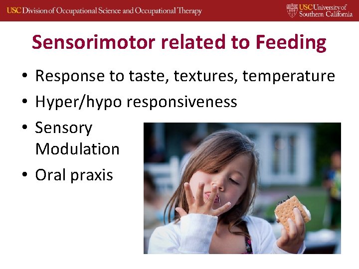 Sensorimotor related to Feeding • Response to taste, textures, temperature • Hyper/hypo responsiveness •