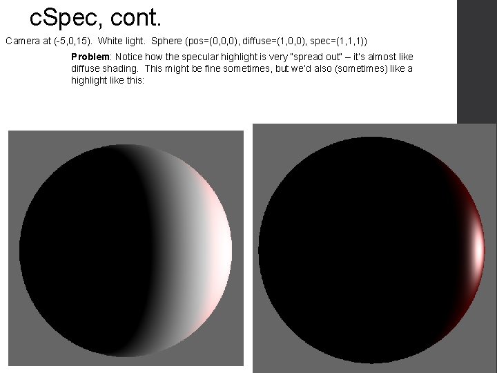 c. Spec, cont. Camera at (-5, 0, 15). White light. Sphere (pos=(0, 0, 0),