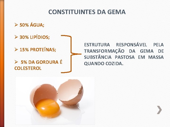 CONSTITUINTES DA GEMA Ø 50% ÁGUA; Ø 30% LIPÍDIOS; Ø 15% PROTEÍNAS; Ø 5%
