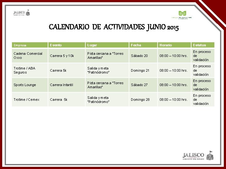 CALENDARIO DE ACTIVIDADES JUNIO 2015 Empresa Evento Lugar Fecha Horario Estatus Cadena Comercial Oxxo