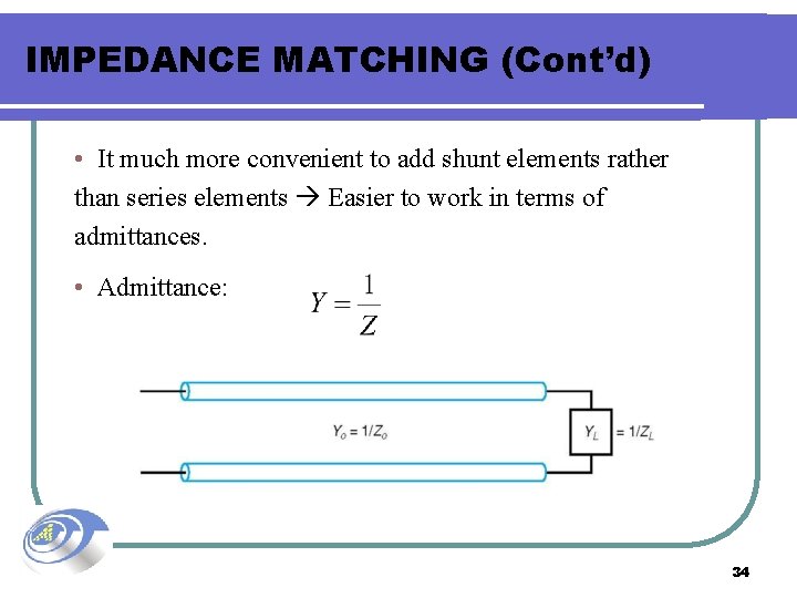 IMPEDANCE MATCHING (Cont’d) • It much more convenient to add shunt elements rather than