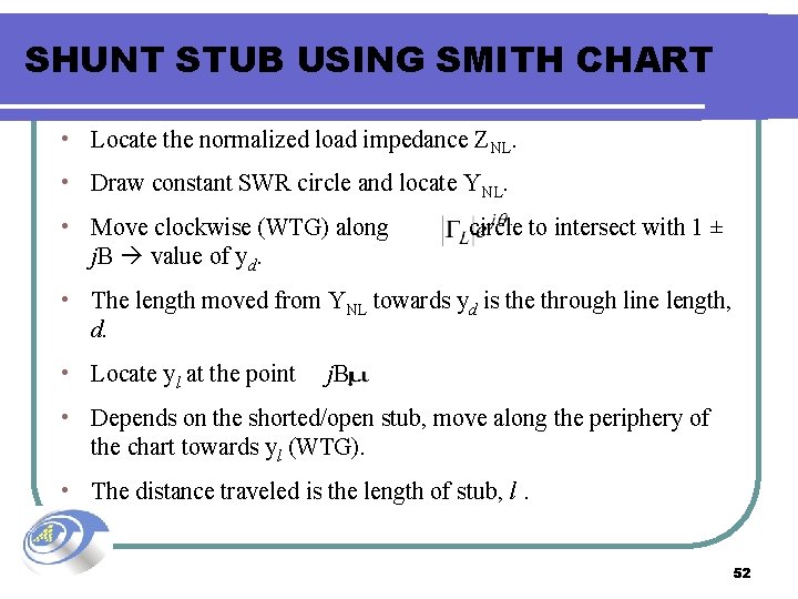 SHUNT STUB USING SMITH CHART • Locate the normalized load impedance ZNL. • Draw