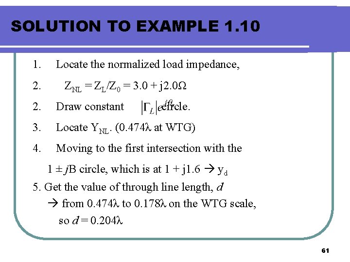 SOLUTION TO EXAMPLE 1. 10 1. 2. Locate the normalized load impedance, ZNL =