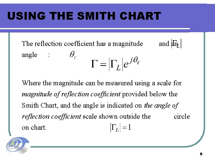 USING THE SMITH CHART The reflection coefficient has a magnitude angle and an :