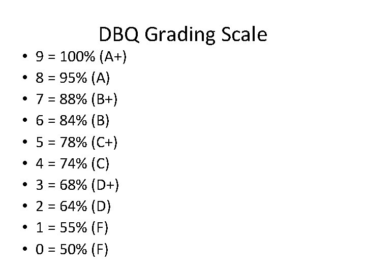  • • • DBQ Grading Scale 9 = 100% (A+) 8 = 95%