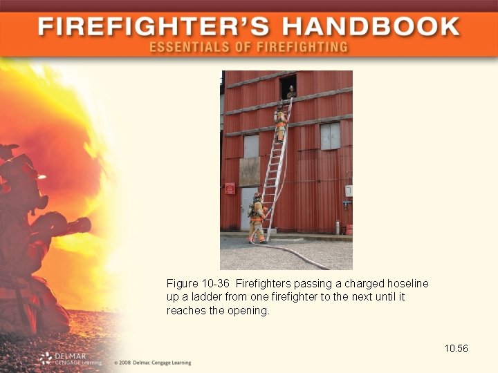 Figure 10 -36 Firefighters passing a charged hoseline up a ladder from one firefighter