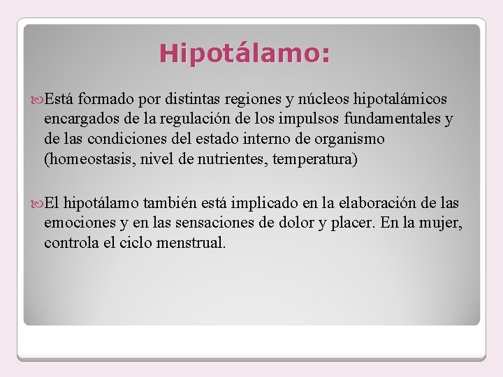 Hipotálamo: Está formado por distintas regiones y núcleos hipotalámicos encargados de la regulación de