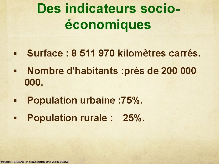 Des indicateurs socioéconomiques § Surface : 8 511 970 kilomètres carrés. § Nombre d'habitants