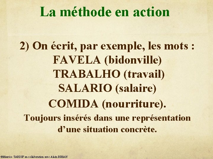 La méthode en action 2) On écrit, par exemple, les mots : FAVELA (bidonville)