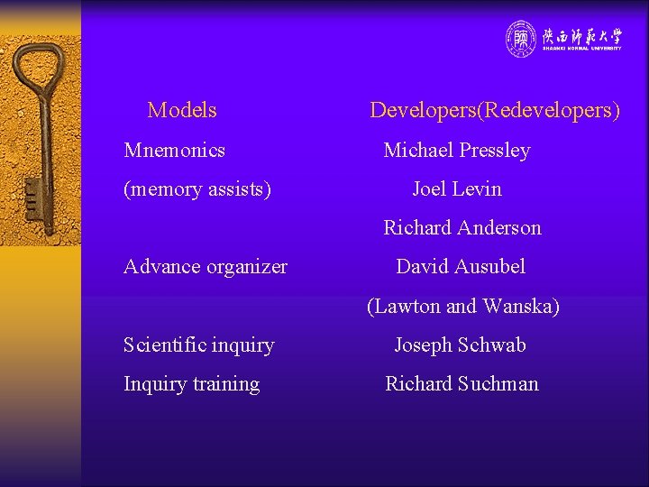 Models Mnemonics (memory assists) Developers(Redevelopers) Michael Pressley Joel Levin Richard Anderson Advance organizer David