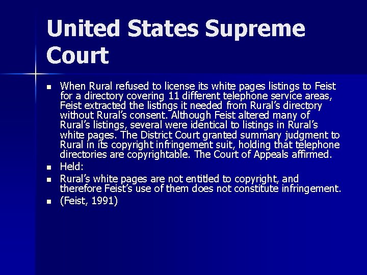 United States Supreme Court n n When Rural refused to license its white pages United States Supreme Court n n When Rural refused to license its white pages