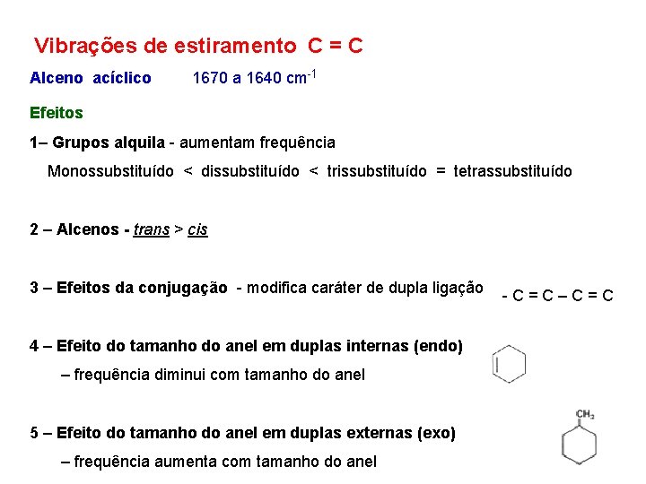 Vibrações de estiramento C = C Alceno acíclico 1670 a 1640 cm-1 Efeitos 1–