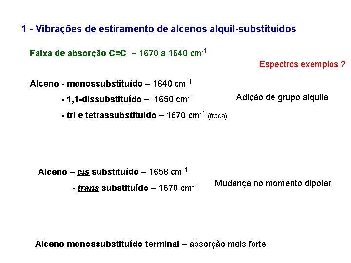 1 - Vibrações de estiramento de alcenos alquil-substituídos Faixa de absorção C=C – 1670