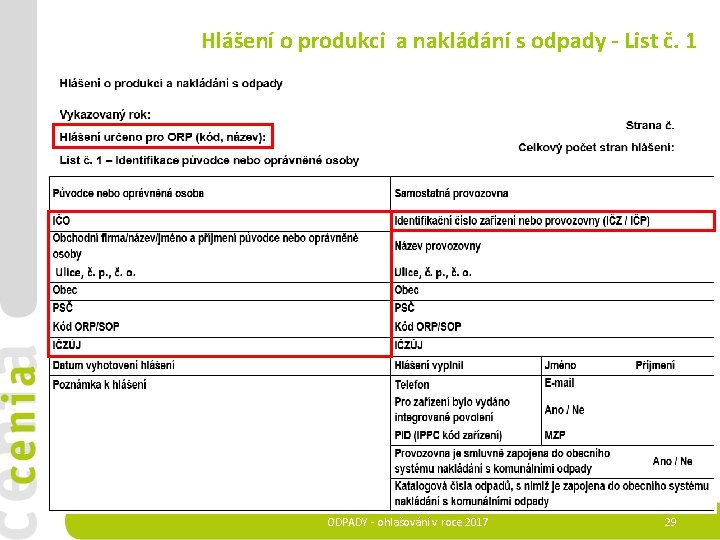  Hlášení o produkci a nakládání s odpady - List č. 1 ODPADY -