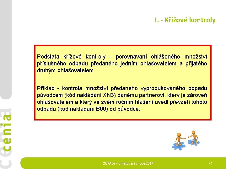  I. - Křížové kontroly Podstata křížové kontroly - porovnávání ohlášeného množství příslušného odpadu
