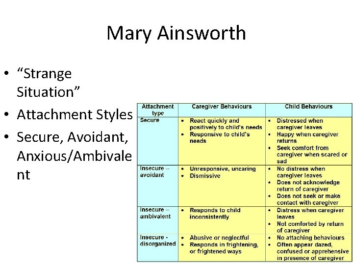 Mary Ainsworth • “Strange Situation” • Attachment Styles • Secure, Avoidant, Anxious/Ambivale nt 