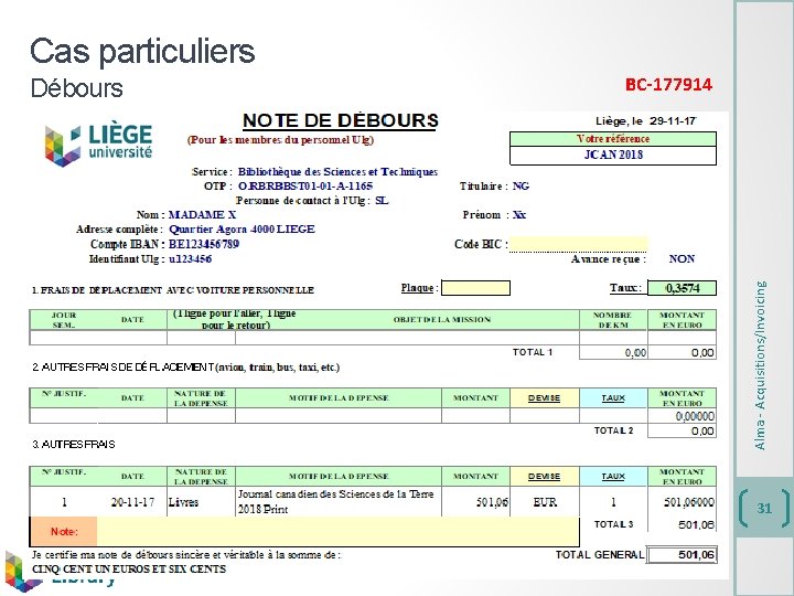 Cas particuliers BC-177914 Alma - Acquisitions/Invoicing Débours 31 