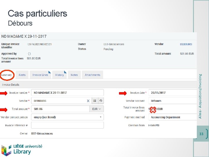 Alma - Acquisitions/Invoicing Cas particuliers Débours 33 
