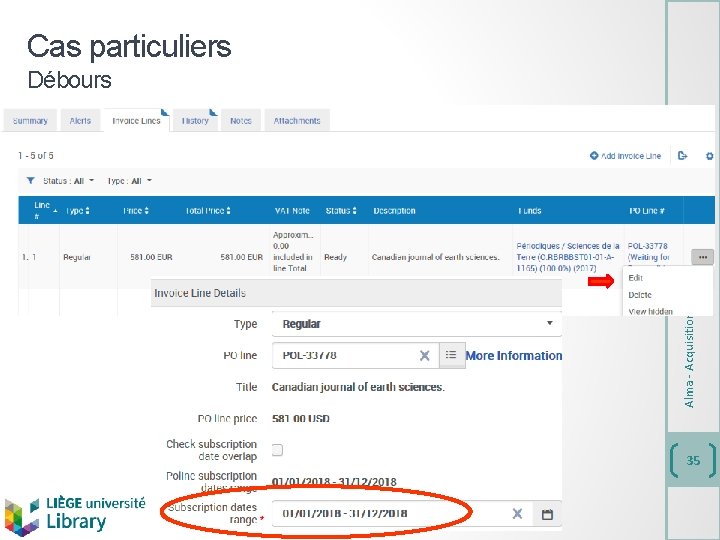 Alma - Acquisitions/Invoicing Cas particuliers Débours 35 