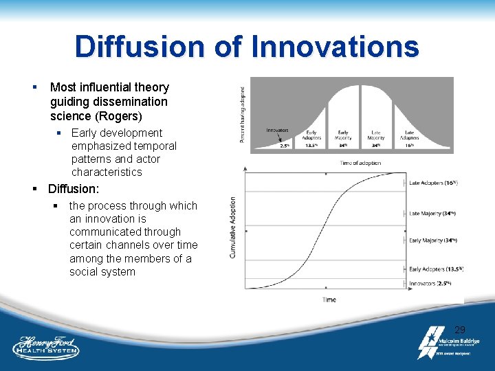 Diffusion of Innovations § Most influential theory guiding dissemination science (Rogers) § Early development