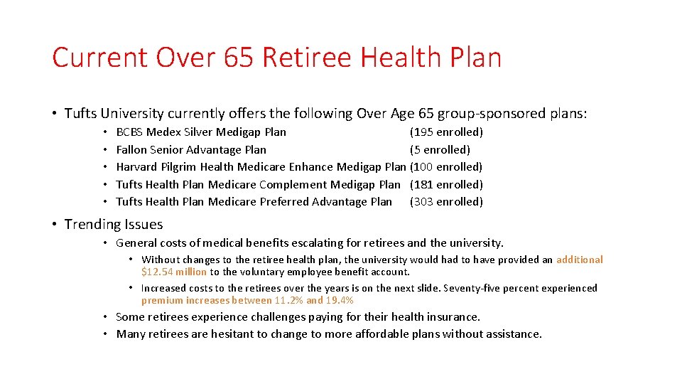 Current Over 65 Retiree Health Plan • Tufts University currently offers the following Over