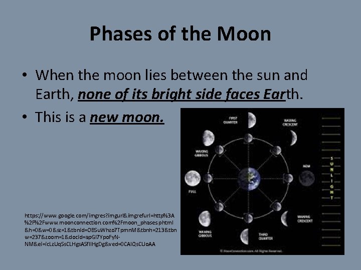 Phases of the Moon • When the moon lies between the sun and Earth,