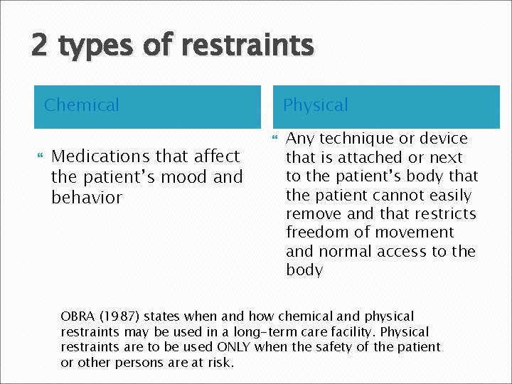 2 types of restraints Chemical Medications that affect the patient’s mood and behavior Physical