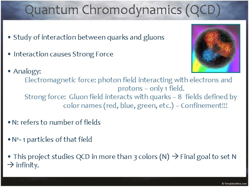 Quantum Chromodynamics (QCD) • Study of interaction between quarks and gluons • Interaction causes