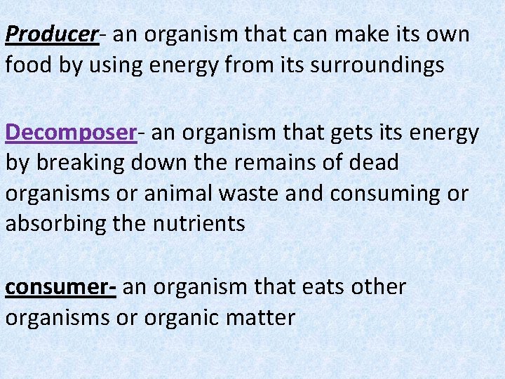 Producer- an organism that can make its own food by using energy from its