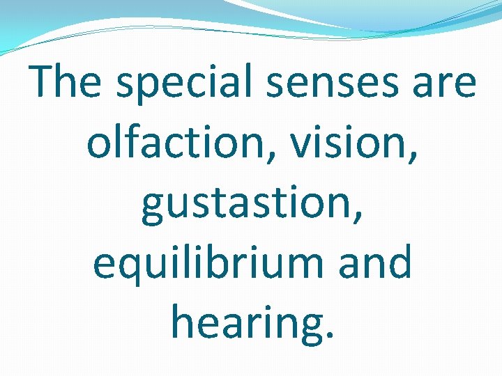 The special senses are olfaction, vision, gustastion, equilibrium and hearing. 