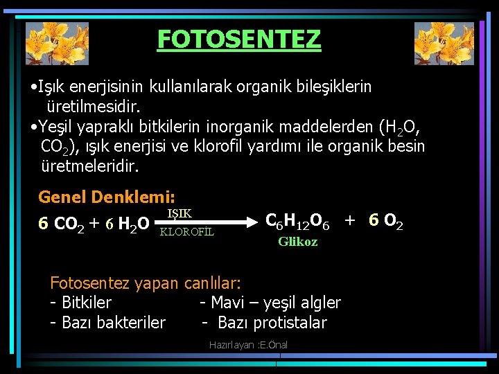 FOTOSENTEZ • Işık enerjisinin kullanılarak organik bileşiklerin üretilmesidir. • Yeşil yapraklı bitkilerin inorganik maddelerden