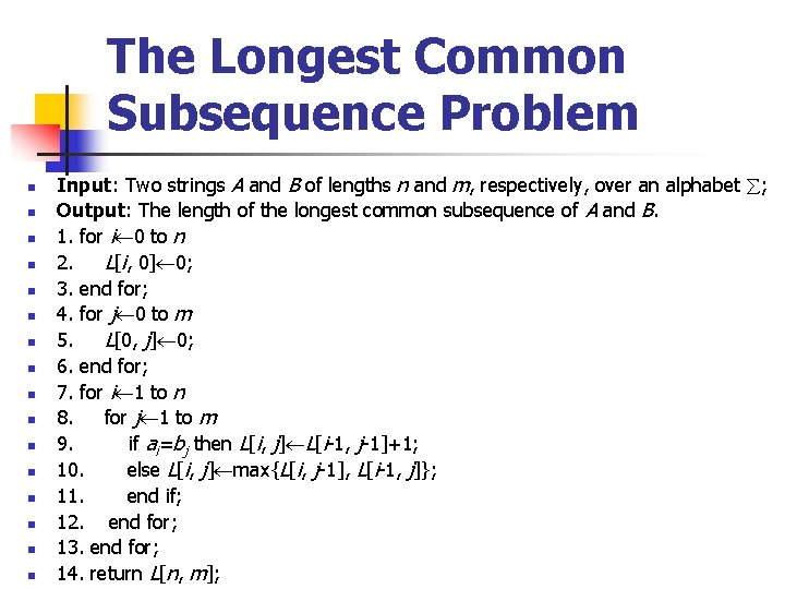 The Longest Common Subsequence Problem n n n n Input: Two strings A and