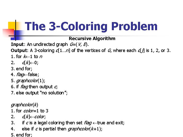The 3 -Coloring Problem Recursive Algorithm Input: An undirected graph G=(V, E). Output: A