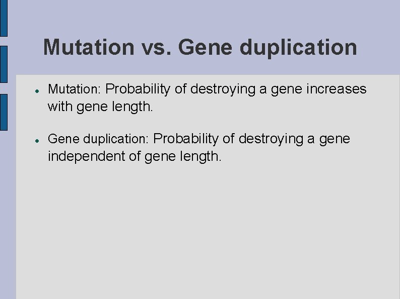 Mutation vs. Gene duplication Mutation: Probability of destroying a gene increases with gene length.