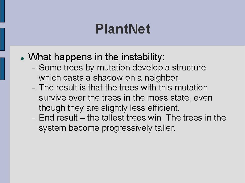 Plant. Net What happens in the instability: Some trees by mutation develop a structure