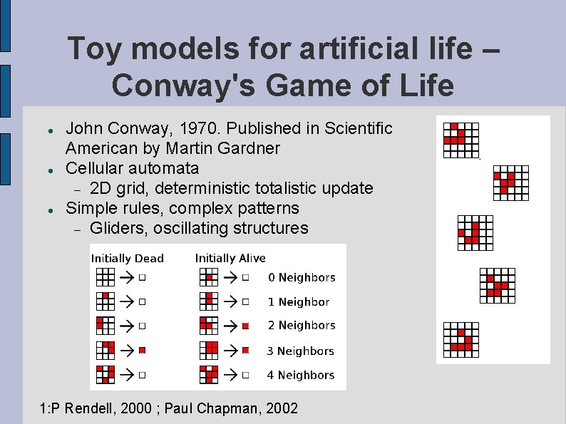 Toy models for artificial life – Conway's Game of Life John Conway, 1970. Published