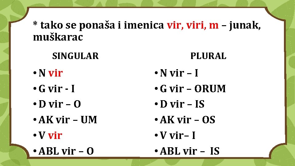 * tako se ponaša i imenica vir, viri, m – junak, muškarac SINGULAR PLURAL