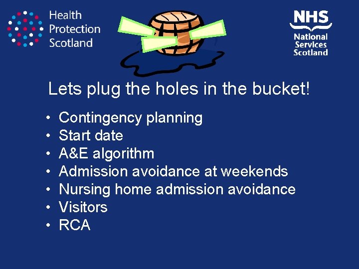 Lets plug the holes in the bucket! • • Contingency planning Start date A&E