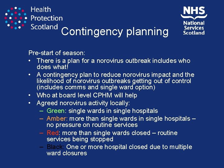 Contingency planning Pre-start of season: • There is a plan for a norovirus outbreak