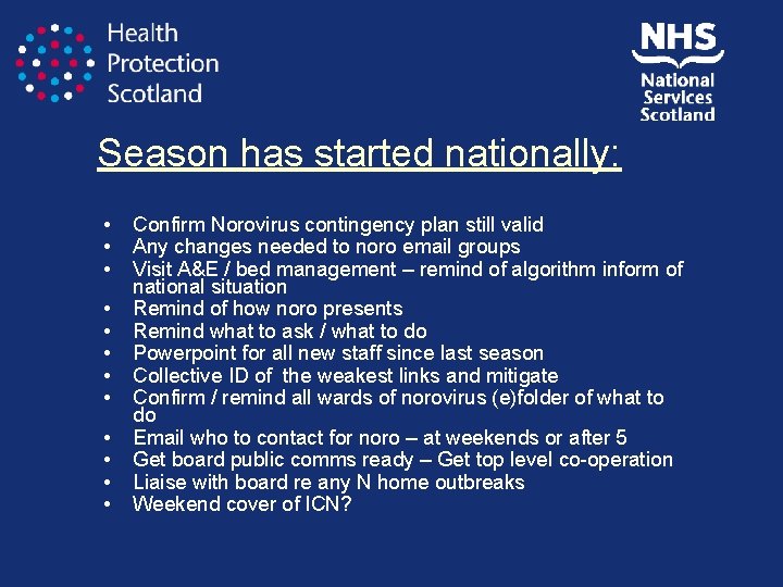 Season has started nationally: • • • Confirm Norovirus contingency plan still valid Any Season has started nationally: • • • Confirm Norovirus contingency plan still valid Any