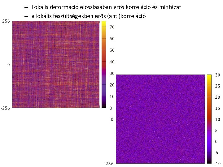 – Lokális deformáció eloszlásában erős korreláció és mintázat – a lokális feszültségekben erős (anti)korreláció