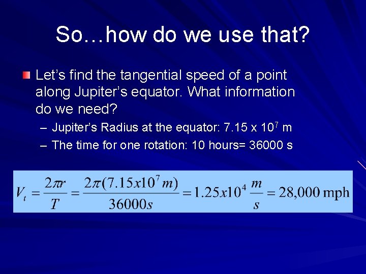 So…how do we use that? Let’s find the tangential speed of a point along
